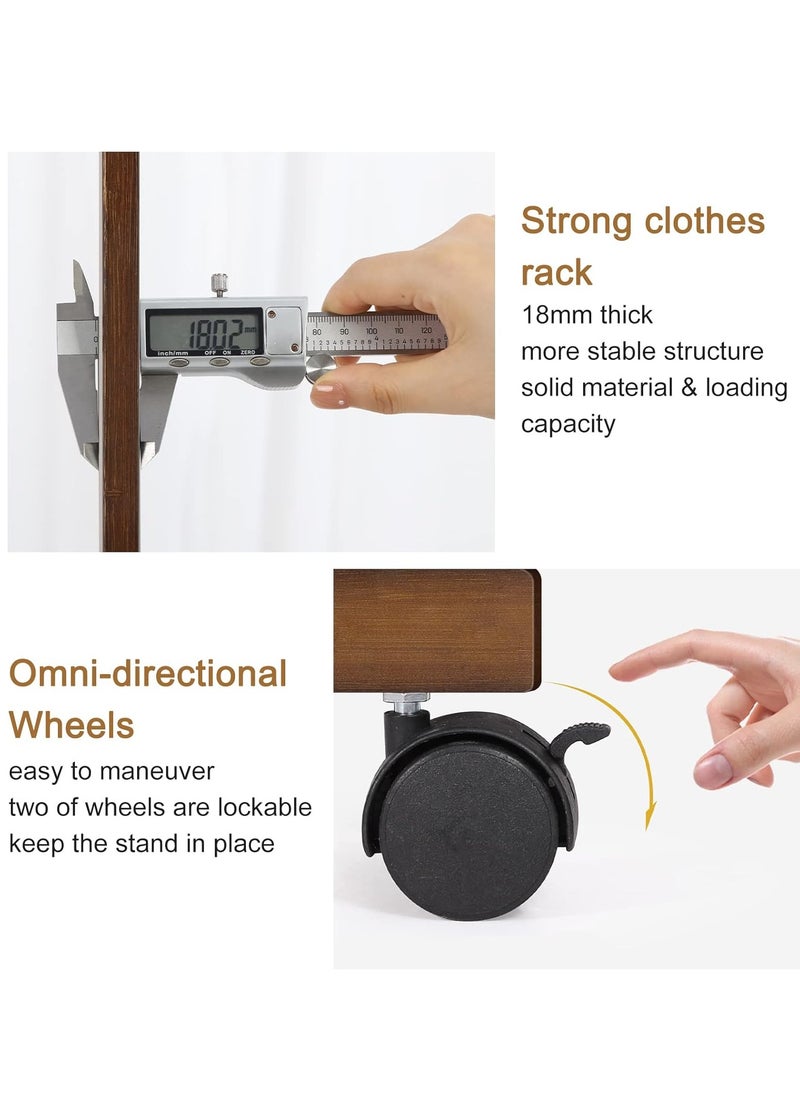 Generic - Wooden Clothes Hanger Rail Heavy Duty Clothes Rail stand Bamboo Clothing Rack Wheels Clothes Rail Stand with Wheels Coat Rack on Wheels with 2 Tier Shelves for Bedroom Living Room - Image 1