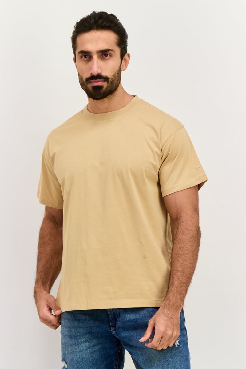 ESPRIT Men Crew Neck Short Sleeves Plain T-Shirt, Tan  - Image 1