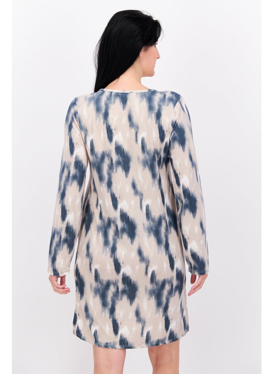 VINCE CAMUTO Women Tie Dye Full Sleeves Sleep Shirt Dress, Navy Blue  - Image 3