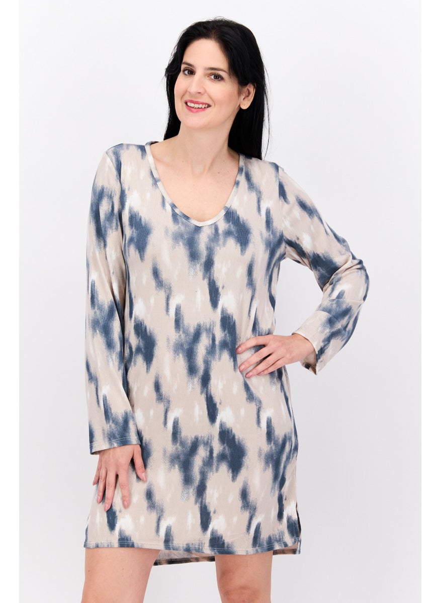 VINCE CAMUTO Women Tie Dye Full Sleeves Sleep Shirt Dress, Navy Blue  - Image 1