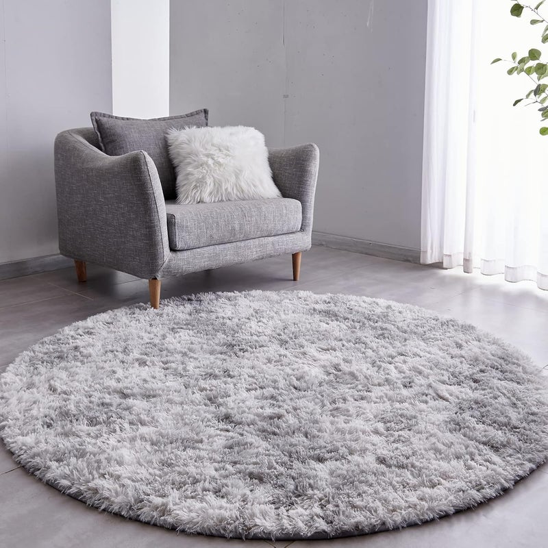 FJZFING Tie-Dyed Light Grey Round Rug Ultra-Soft Plush Modern 6x6 Circle Area Rug for Kid's Bedroom, Fluffy Shag Circular Rug for Nursery Room, Non-Slip Tie-Dyed Light Grey Rug for Teen's Room - Image 1
