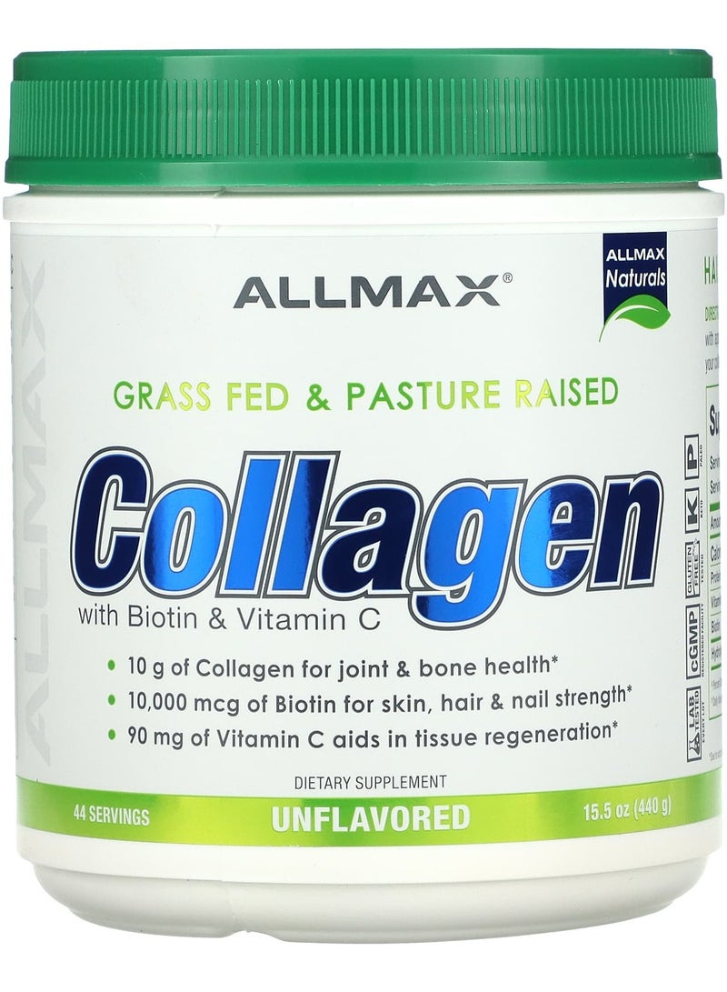 Allmax Grass Fed & Pasture Raised Collagen with Biotin &  Vitamin C, Unflavored, 15.5 oz (440 g)