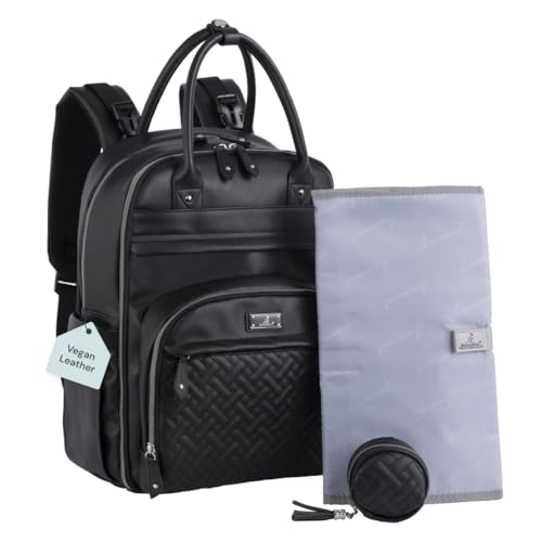 BabbleRoo Leather Diaper Bag Backpack Baby Essentials Travel Baby Bag Multi function with Changing Pad Stroller Straps Pacifier Case Unisex Black - Image 1