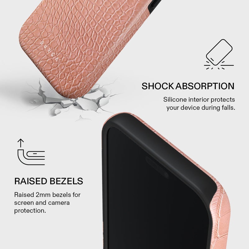 بورجا جراب آيفون  برو ماكس وردي جلد تمساح فاخر متوافق مع طبقة مزدوجة صلبة + سيليكون حماية مقاوم للخدش والصدمات - Image 4