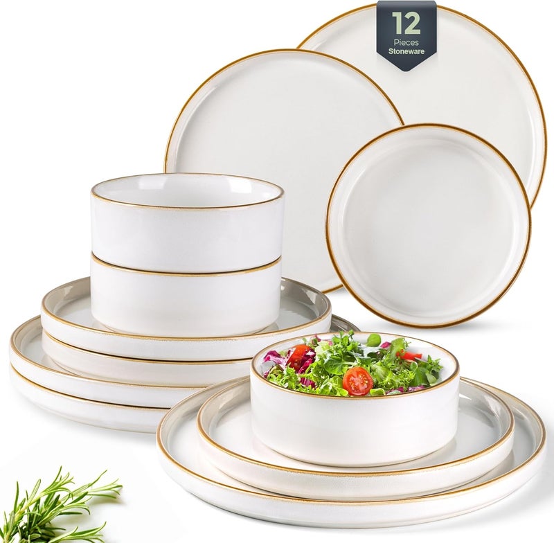 GBHOME Ceramic Dinnerware Sets for 4 12 Pieces Stoneware Plates and Bowls Sets Reactive Glaze Dishes Scratch Resistant DishwasherMicrowave SafePearl White - Image 1