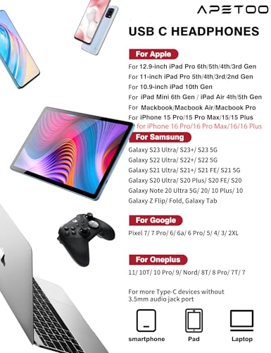 APETOO USB C Headphones for iPad Pro iPhone Air 17 16 15 Pro Max HiFi Stereo USB-C Wired Earbuds Microphone Volume Control Type C Earphone for Samsung S24 S23 Ultra S22 S21 Note20 Pixel 9 8 7 6 6a 5 OnePlus9 - Image 4