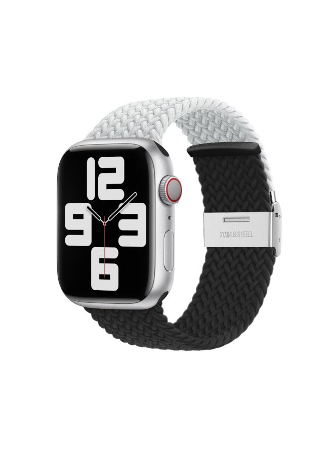 Loquat Suitable For AppleWatch For Iphone 89 Generation Nylon Woven Elastic Buckle Adjustment Color Matching Smart Strap-Color:Pearl White Spell Black-Specifications:42/44/45/49mm For Apple  - Image 1