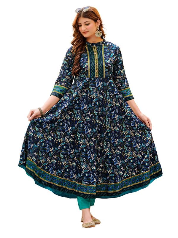 Yash Gallery Women's Polyester Relaxed Fit Anarkali Kurti (Blue) - Image 1