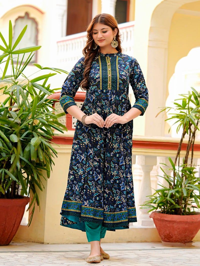 Yash Gallery Women's Polyester Relaxed Fit Anarkali Kurti (Blue) - Image 2
