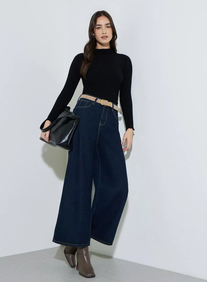 Styli Black Solid High Neck Ribbed Sweater