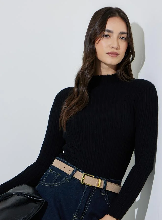 Styli Black Solid High Neck Ribbed Sweater