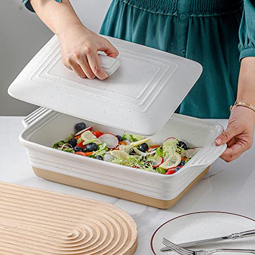 HVH Ceramic Casserole Dish with Lid - Oven Safe, 9x13 Rectangular Baking Dish, 3.5 Quart, Farmhouse Style (White) - Image 2
