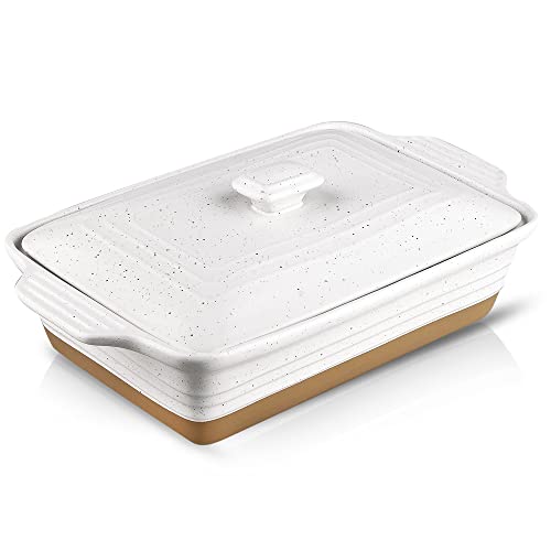 HVH Ceramic Casserole Dish with Lid - Oven Safe, 9x13 Rectangular Baking Dish, 3.5 Quart, Farmhouse Style (White) - Image 1