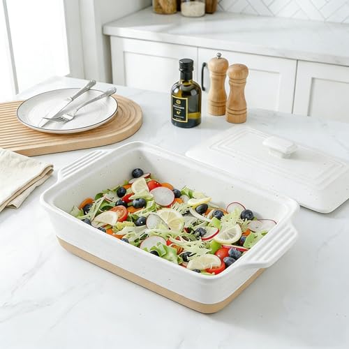 HVH Ceramic Casserole Dish with Lid - Oven Safe, 9x13 Rectangular Baking Dish, 3.5 Quart, Farmhouse Style (White) - Image 3