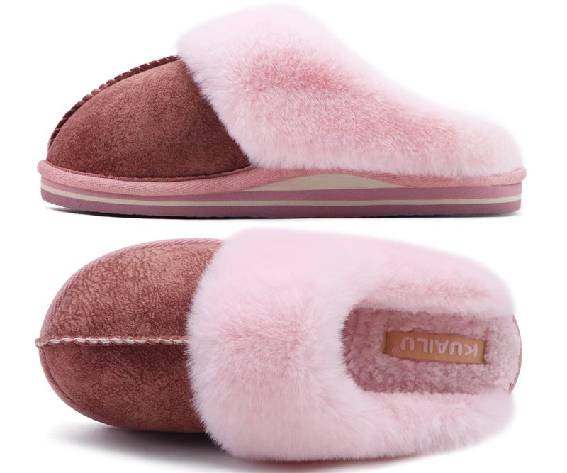 KuaiLu Womens Slippers, Fluff Dual Memory Foam Slippers Ladies Cozy Arch Support Warm Scuff Slippers Slip on Comfy Winter House Shoes with Non-Slip Indoor Outdoor Hard Sole Pink 8 - Image 1
