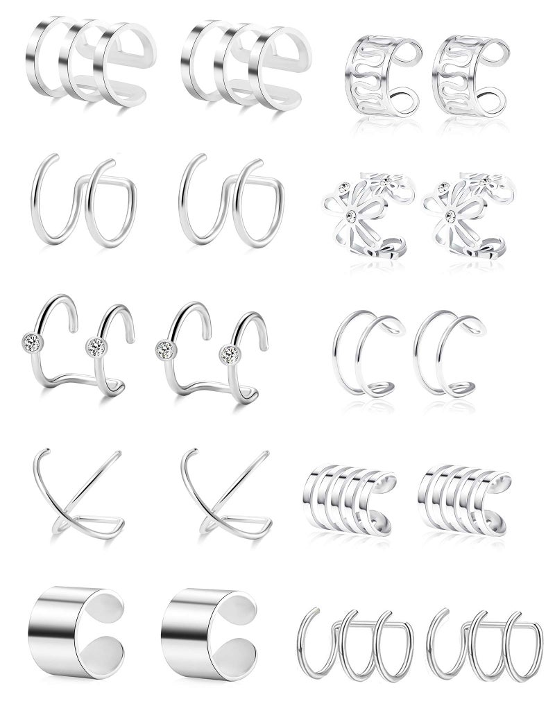 Tornito 4-10 Pairs Stainless Steel Ear Cuff Helix Cartilage Clip On Wrap Earrings Fake Nose Ring Non-Piercing Adjustable (A0:10 Pairs, Silver) - Image 1