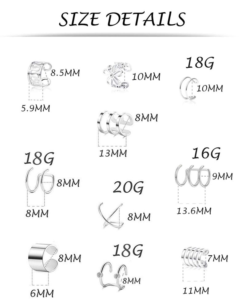 Tornito 4-10 Pairs Stainless Steel Ear Cuff Helix Cartilage Clip On Wrap Earrings Fake Nose Ring Non-Piercing Adjustable (A0:10 Pairs, Silver) - Image 3