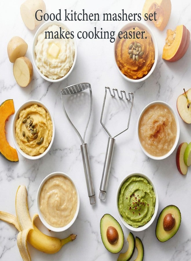 MUJINON 18/0 Stainless Steel Potato Mashers, 10.7-in Kitchen Masher Tool for Avocado Vegetable Sauce Butter, Heavy Duty, Dishwasher Safe, Pack of 2 - Image 2