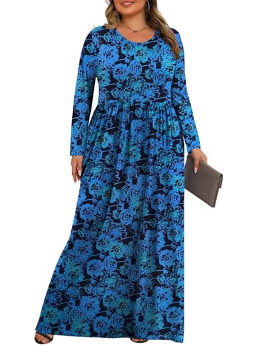 Tencede Womens Plus Size Maxi Dresses Long Sleeve with Pockets Casual Long Dress Gradient Flower 3X - Image 3