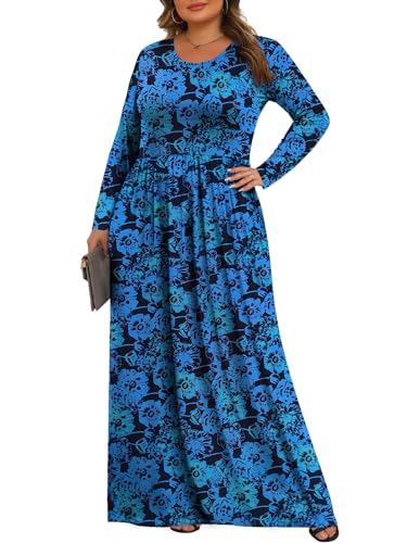 Tencede Womens Plus Size Maxi Dresses Long Sleeve with Pockets Casual Long Dress Gradient Flower 3X - Image 2