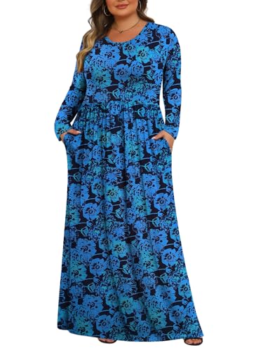 Tencede Womens Plus Size Maxi Dresses Long Sleeve with Pockets Casual Long Dress Gradient Flower 3X - Image 1