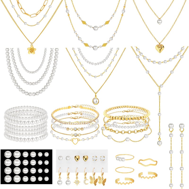 NEWITIN 68 Pieces Pearl Jewelry Set for Women Fashion Costume Jewelry Gold Plated Necklace Bracelet Ring Earrings Set for Women - Image 1