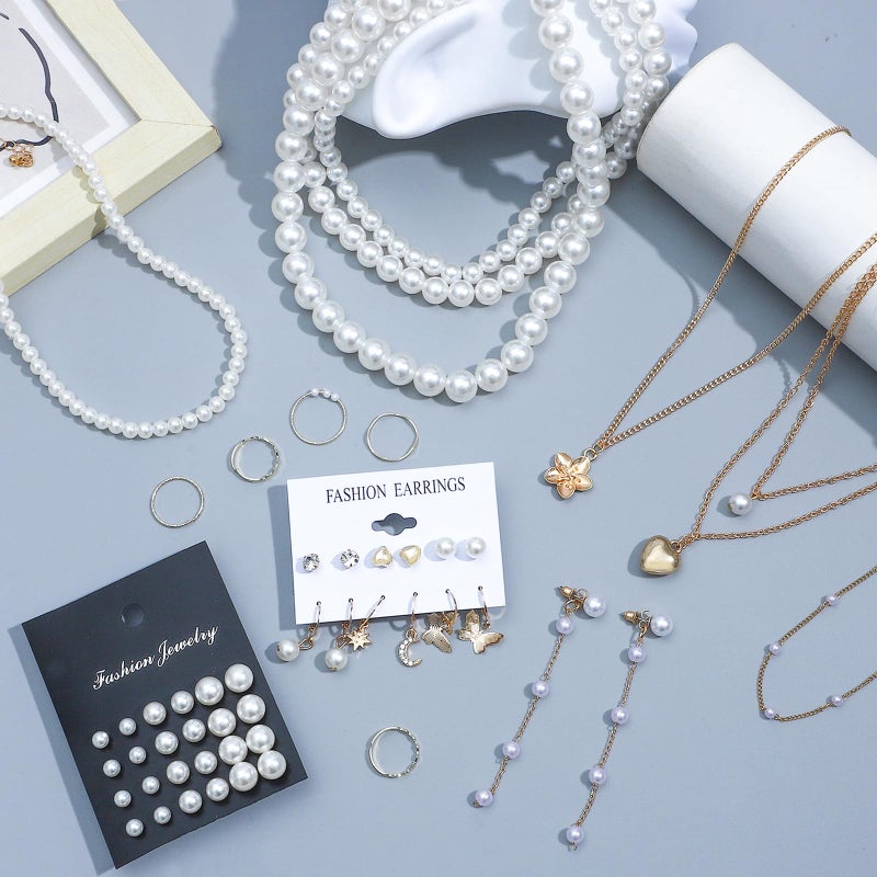 NEWITIN 68 Pieces Pearl Jewelry Set for Women Fashion Costume Jewelry Gold Plated Necklace Bracelet Ring Earrings Set for Women - Image 2