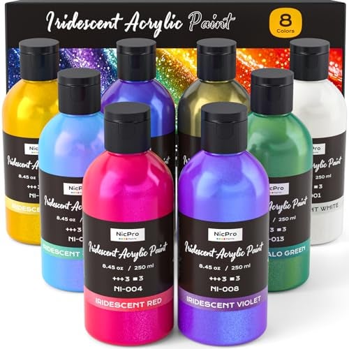 Nicpro 8 Colors Iridescent Acrylic Paint, 8.45oz / 250ml Large Bulk Metallic Acrylic Paint,Color Shifting & Non-Toxic Art Painting Supplies For Canvas Fabric Rock Wood with Color Wheel - Image 1