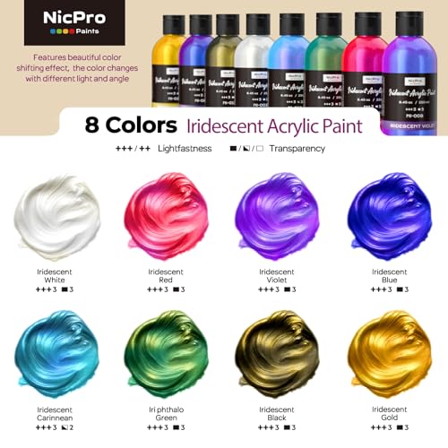 Nicpro 8 Colors Iridescent Acrylic Paint, 8.45oz / 250ml Large Bulk Metallic Acrylic Paint,Color Shifting & Non-Toxic Art Painting Supplies For Canvas Fabric Rock Wood with Color Wheel - Image 2