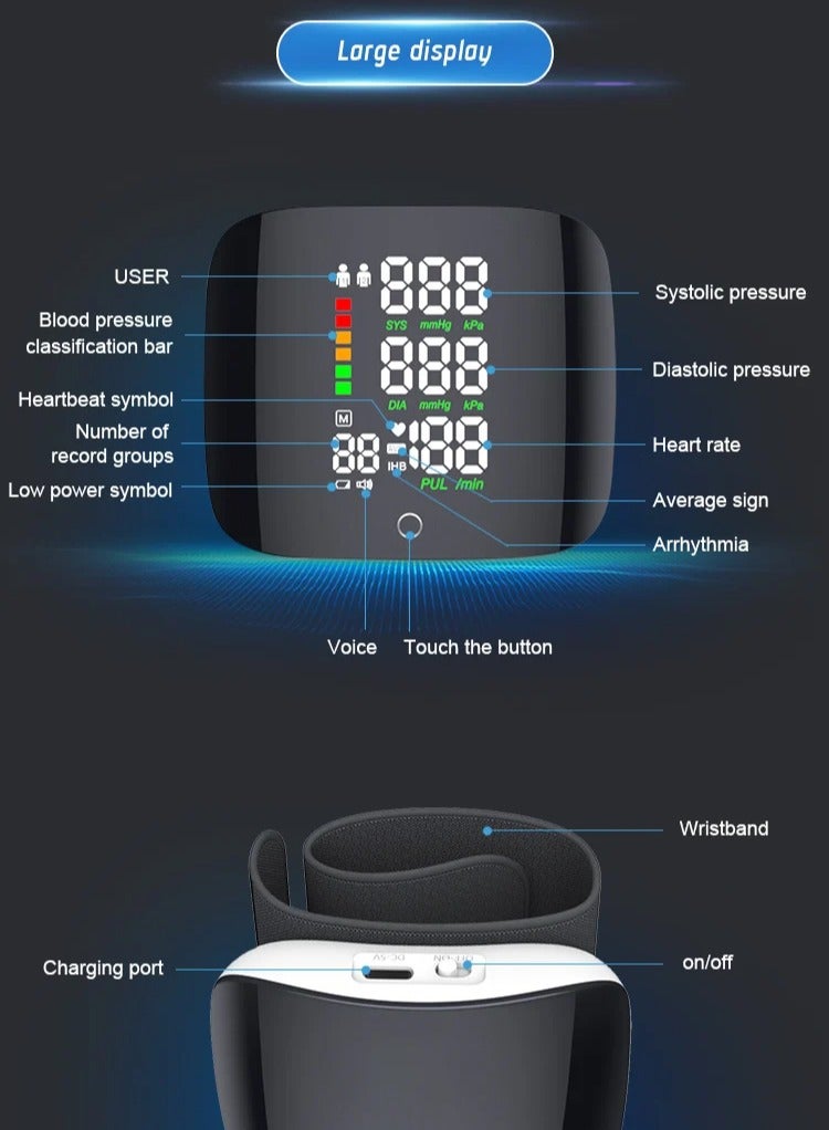 BORTONY Blood Pressure Monitor Digital Wrist Blood Pressure Machine Adjustable Cuff Bp Detector 2x99 Readings Memory Large Display Voice with Carrying Case Automatic Blood Pressure Wrist Detector Watch - Image 4