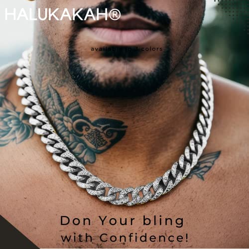 Halukakah Gold Chain Iced Out for Men,Men's 14MM Miami Cuban Link Chain Choker Necklace 20In(50cm) Platinum White Gold Finish,Full Cz Diamond Prong Set,Gift for Him - Image 2