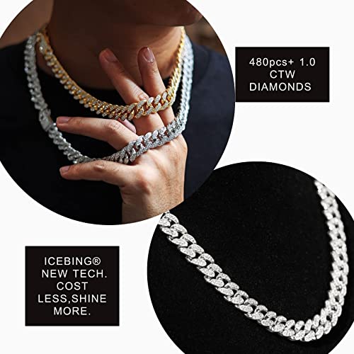 Halukakah Gold Chain Iced Out for Men,Men's 14MM Miami Cuban Link Chain Choker Necklace 20In(50cm) Platinum White Gold Finish,Full Cz Diamond Prong Set,Gift for Him - Image 4