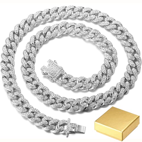 Halukakah Gold Chain Iced Out for Men,Men's 14MM Miami Cuban Link Chain Choker Necklace 20In(50cm) Platinum White Gold Finish,Full Cz Diamond Prong Set,Gift for Him - Image 1