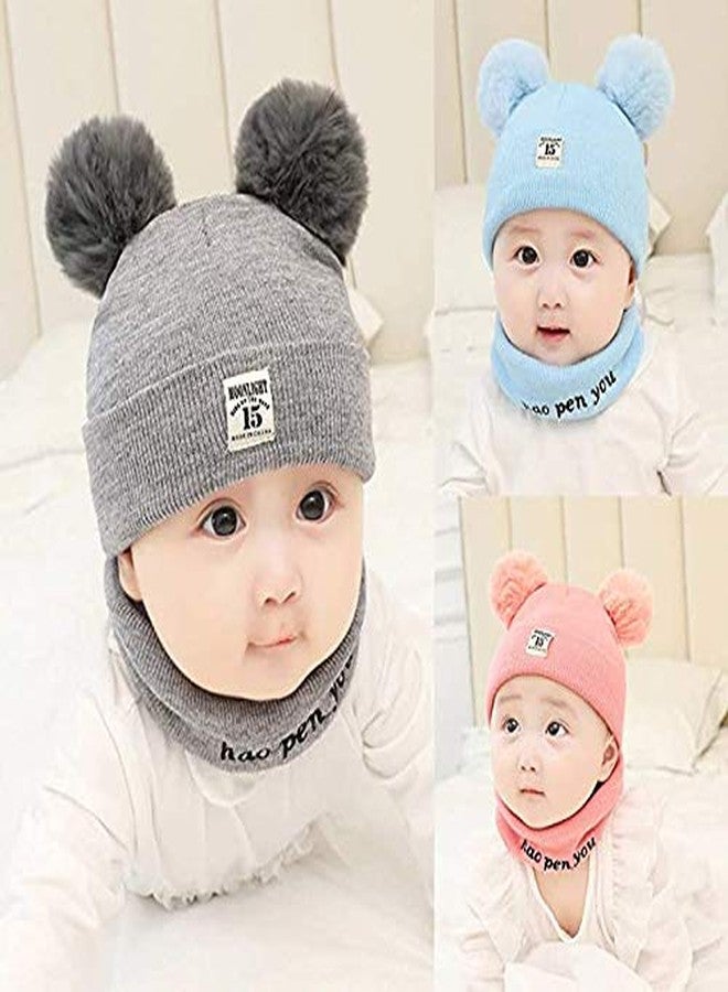 Zeki Baby Knit Hat Scarf Set Toddler Girls Boys Winter Pom Pom Beanie Cap With Neck Warmer (Grey)-(0-3 Years) - Image 4