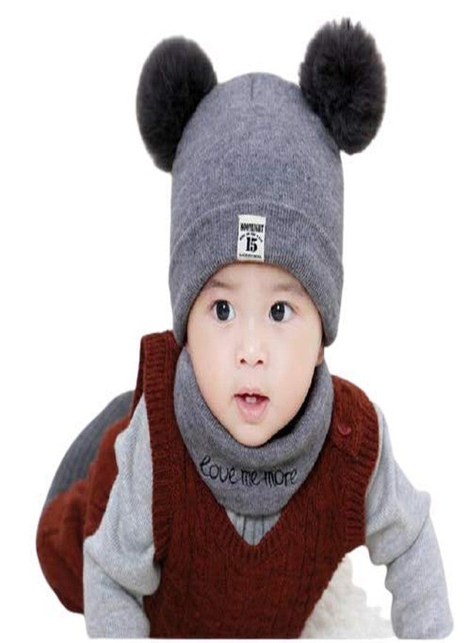 Zeki Baby Knit Hat Scarf Set Toddler Girls Boys Winter Pom Pom Beanie Cap With Neck Warmer (Grey)-(0-3 Years) - Image 1