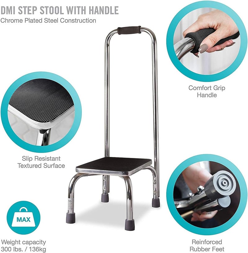 DMI Step Stool with Handle and Non Skid Rubber Platform Lightweight and Sturdy Stool for Seniors Adults and Children Holds up to 300 Pounds with 95 Inch Step Up 173D x 123W x 34H Chrome - Image 2