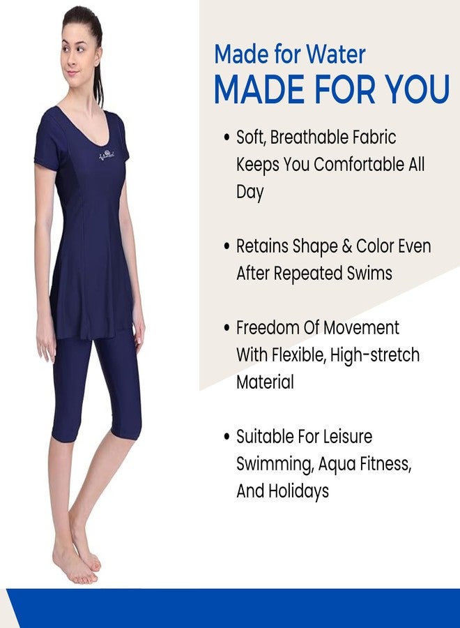 FILMAX® Originals Women's Solid One-Piece Freely with Sleeve & 3/4 Legs in Skirted Swim Dress (Navy Blue & Navy Blue_7XL) - Image 4