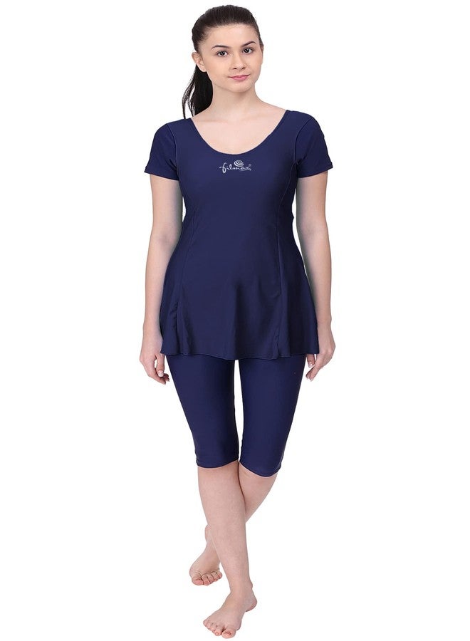 FILMAX® Originals Women's Solid One-Piece Freely with Sleeve & 3/4 Legs in Skirted Swim Dress (Navy Blue & Navy Blue_7XL) - Image 1