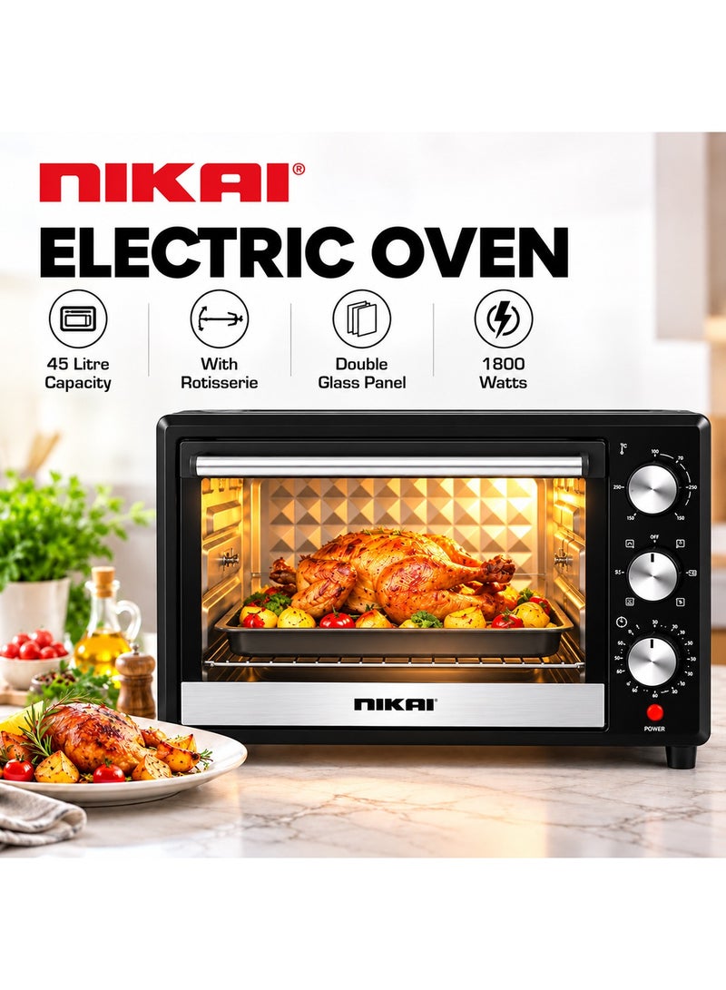 NIKAI 45L Electric Oven 1500W OTG Oven with Rotisserie, 230°C Temperature Control, 120-Minute Timer, Stainless Steel Heating Elements, Inner Light, Double Glass Door, Baking Oven for Kitchen, Toasting, Grilling & Baking with Accessories | 46 L 1500 W NT655N2 Black - Image 1
