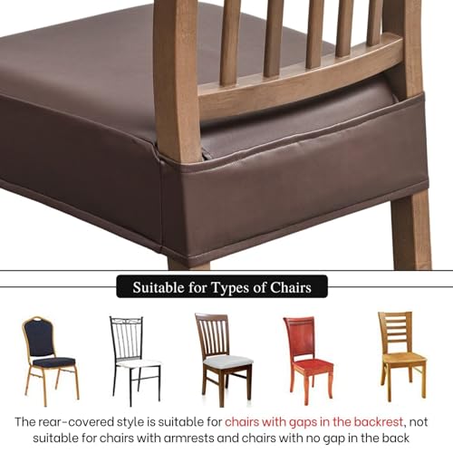 NILUOH Waterproof Seat Covers for Dining Room Chairs Set of 6, Pu Leather Chair Seat Slipcovers Dining Chair Cover Removable Washable Chair Protctor Cover, Rear Covers (PU-Coffee) - Image 4