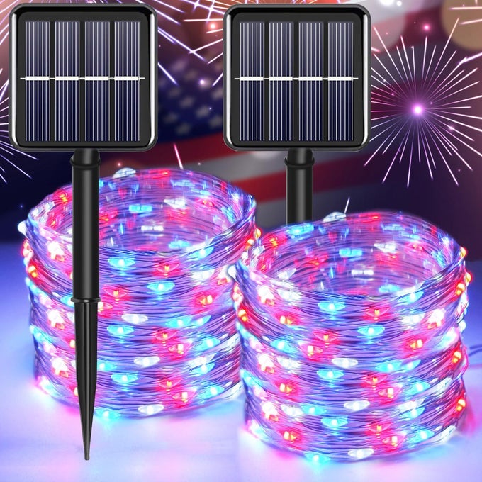 4TH OF JULY PATRIOTIC DECORATIONSRED WHITE BLUE SOLAR FAIRY STRING LIGHTS OUTDOOR WATERPROOF 2PACK TOTAL 200LED 66FTIP67 8 MODES OUTSIDE MEMORIAL DAY FOR GARDENPATIO YARD