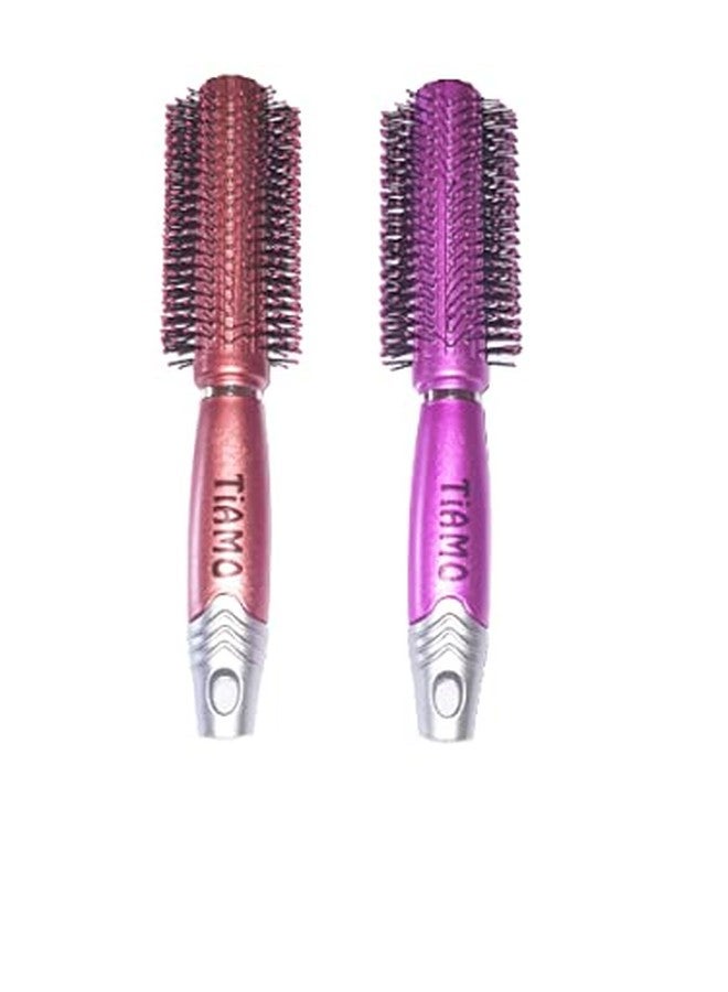 Tiamo Round Plastic Hairbrush set BROWN and PINK for grooming - Image 1