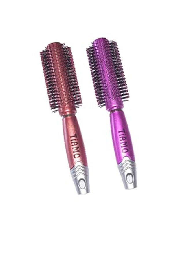 Tiamo Round Plastic Hairbrush set BROWN and PINK for grooming - Image 2