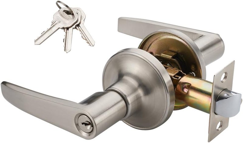 MANREN 1 Pack of Lever Keyed Entry Door Lever Handle Lock, Universal Door Knob Hardware,Nickel Brushed Color (MR802ET) - Image 1