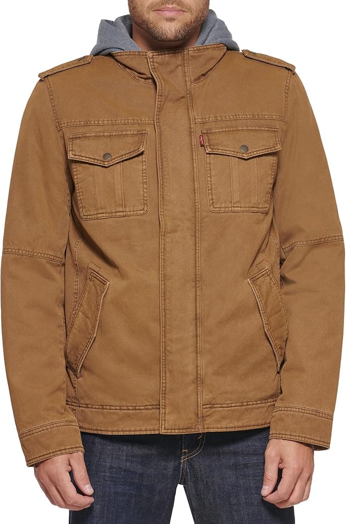 Levi's Men's Washed Cotton Military Jacket with Removable Hood (Standard and Big & Tall), Brown, X-Large - Image 2