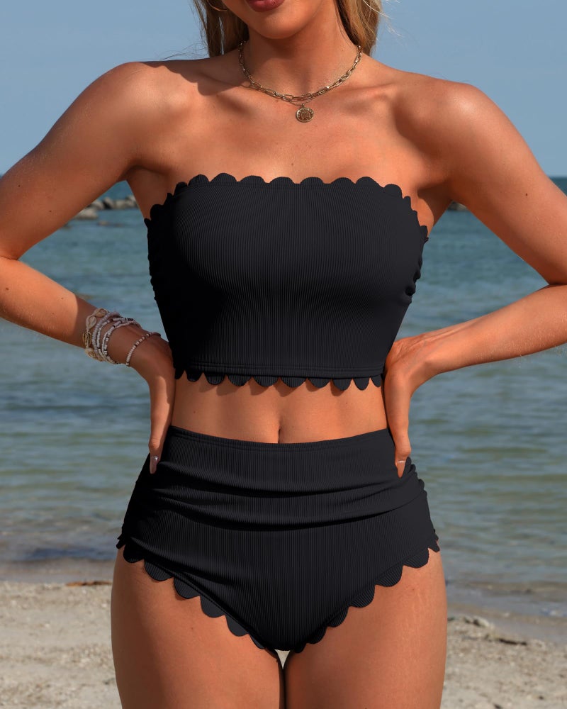 Charmo Tummy Control Bikini for Women High Rise Ribbed Bandeau Two Piece Swimsuit Modest Bikinis Bathing Suits Black XL - Image 3