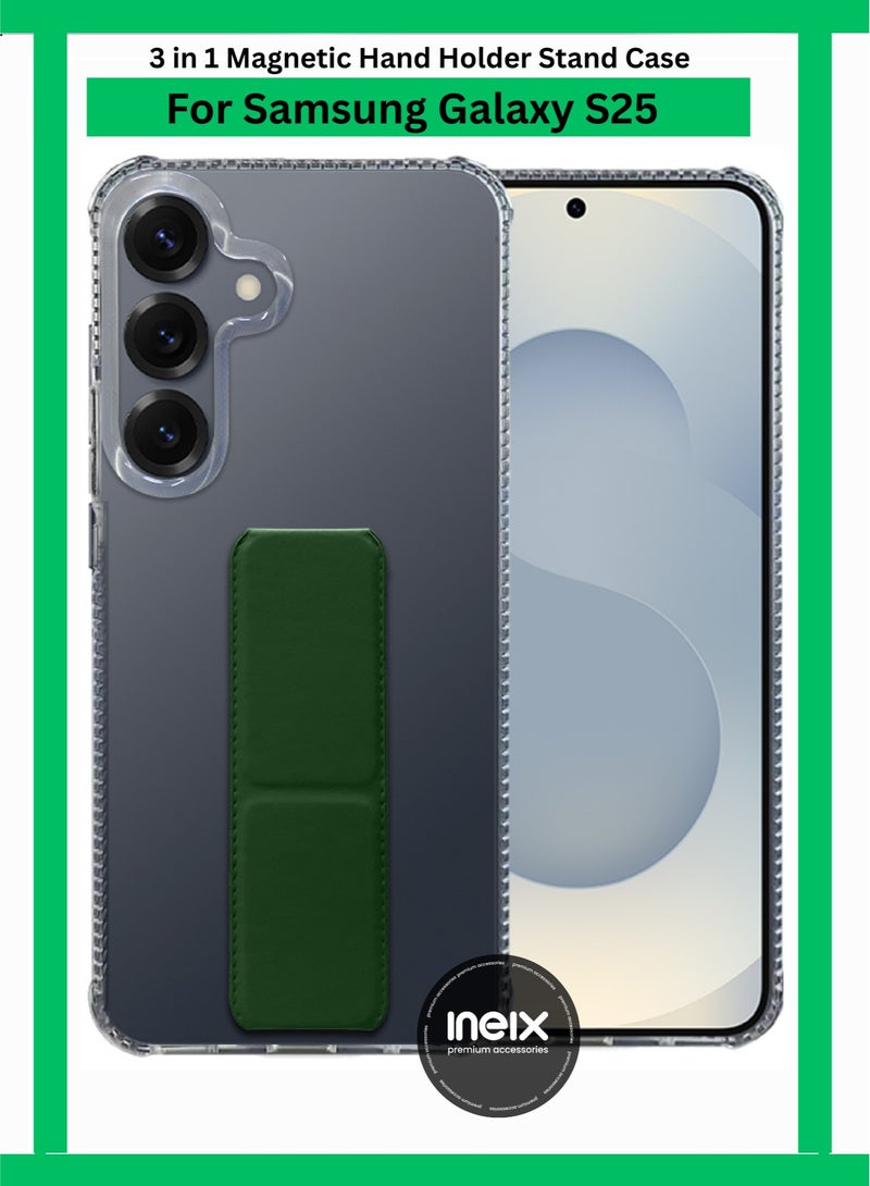 INEIX 3-in-1 Magnetic Transparent Wrist Strap Hand Grip Stand Back Case Cover for Samsung Galaxy S25, Finger Grip Soft Cover,Stand Holder TPU Case,Kickstand-Clear/Green - Image 1