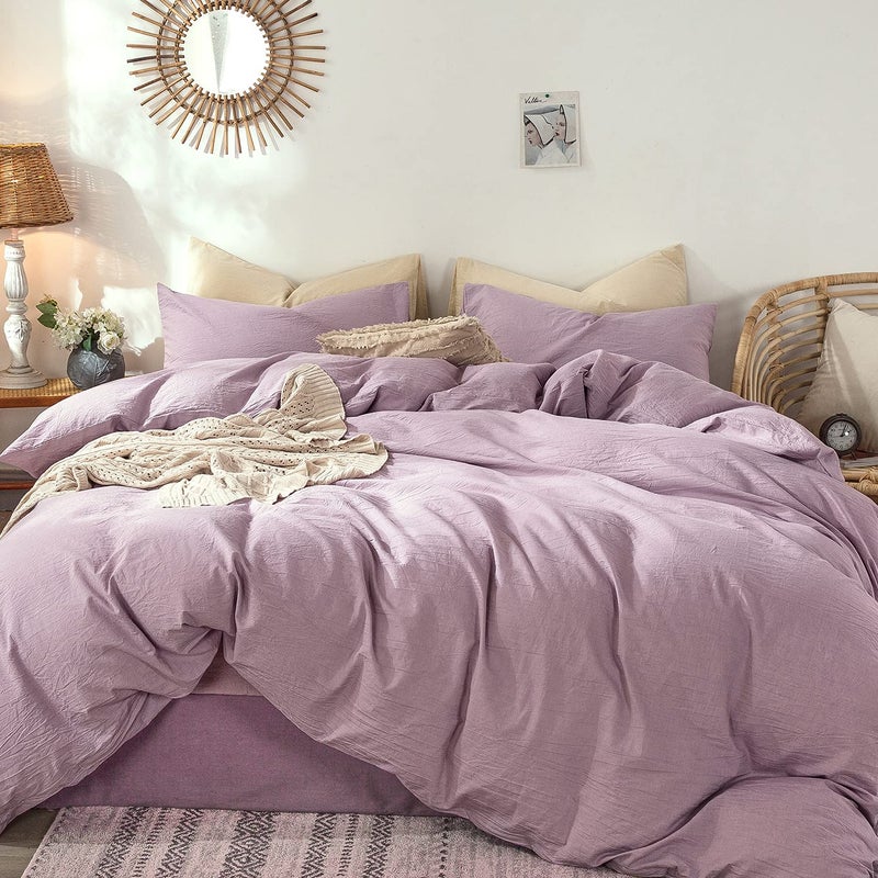 MooMee Bedding Duvet Cover Set 100 Washed Cotton Linen Like Textured Breathable Durable Soft Comfy Heathered Light Purple Queen 90x90