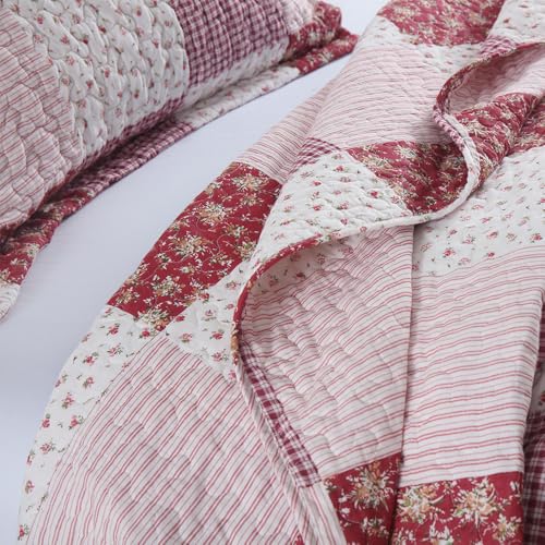 ENASAL Cotton Bedspread Quilt Bedding Sets Reversible Coverlet Sets Comforters Plaid Floral Red White Patchwork Pattern Bedspread for All Season, Queen Size - Image 5