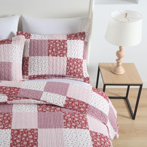 ENASAL Cotton Bedspread Quilt Bedding Sets Reversible Coverlet Sets Comforters Plaid Floral Red White Patchwork Pattern Bedspread for All Season, Queen Size - Image 2